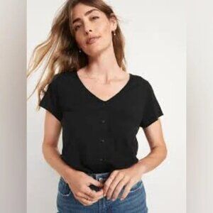 NWT Slub-Knit V-Neck Button-Front Top